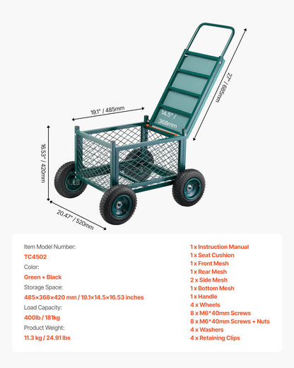 Rolling Garden Cart with Seat, Metal Rolling Garden Work Seat with Wheels, Supports up to 181 kg, Heavy Duty Gardening Cart Scooter, Outdoor Wagon & Stool on Wheels for Lawn, Patio, Backyard