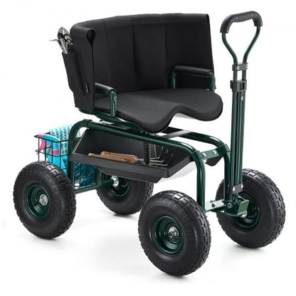 Garden Seat with Wheels, Rolling Garden Stool with Height Adjustable & 360° Swivel Seat, 181 kg Weight Capacity, Gardening Cart Bench, Ergonomic Backrest & Tool Storage, for Garden, Yard, Patio