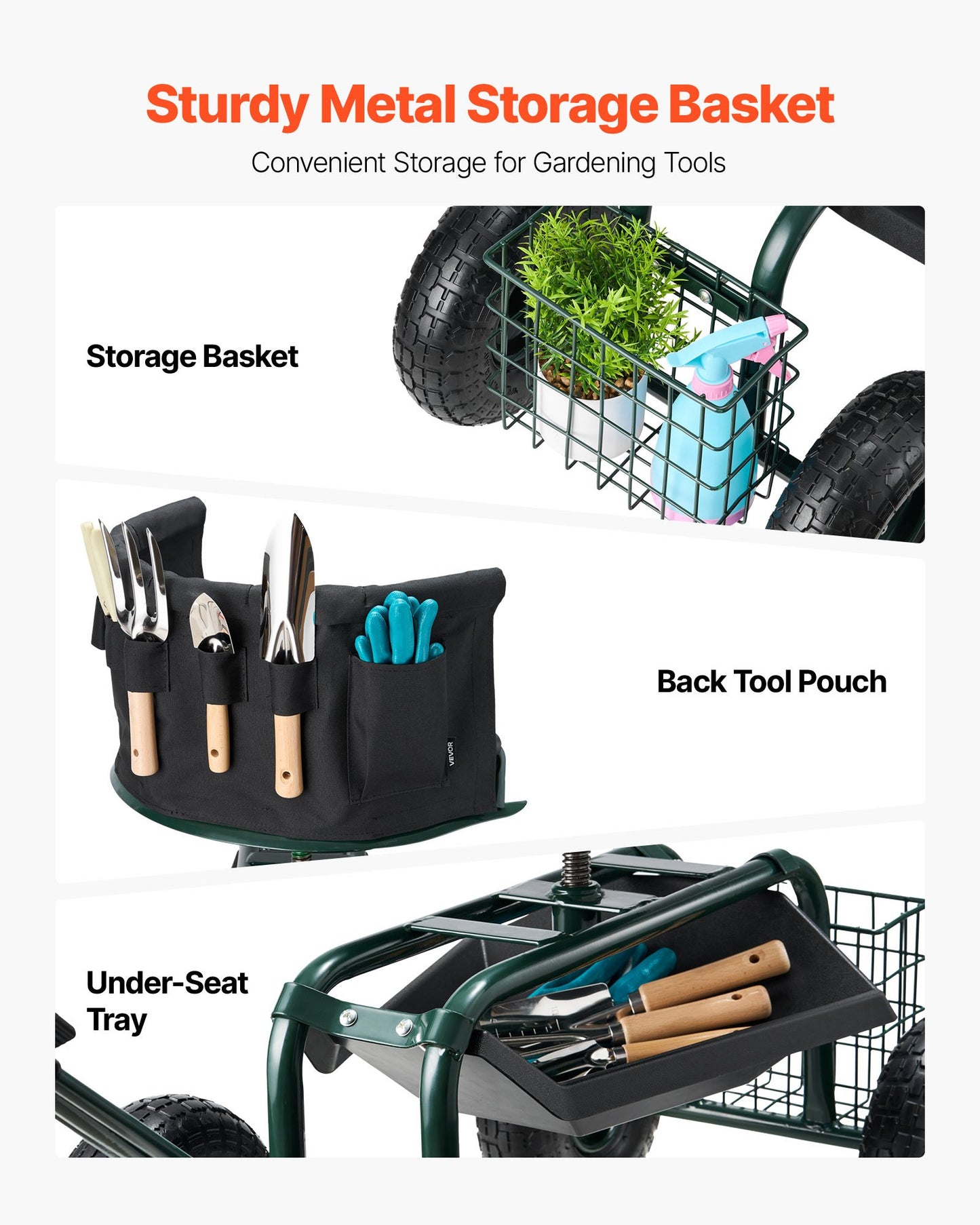 Garden Seat with Wheels, Rolling Garden Stool with Height Adjustable & 360° Swivel Seat, 181 kg Weight Capacity, Gardening Cart Bench, Ergonomic Backrest & Tool Storage, for Garden, Yard, Patio