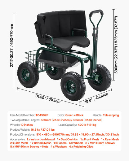 Garden Seat with Wheels, Rolling Garden Stool with Height Adjustable & 360° Swivel Seat, 181 kg Weight Capacity, Gardening Cart Bench, Ergonomic Backrest & Tool Storage, for Garden, Yard, Patio