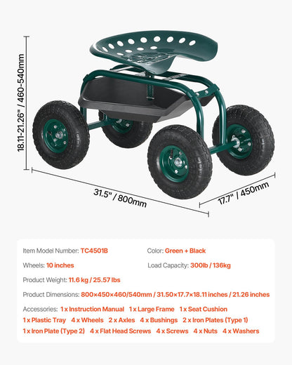 Rolling Garden Cart with Swivel Seat, Heavy Duty Garden Seat with Storage Basket & Tool Tray, 300 lbs Weight Capacity, Outdoor Utility Gardening Stool Scooter for Lawn Yard Planting Weeding