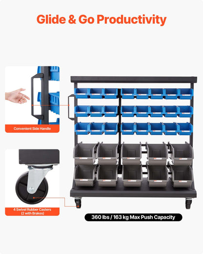 5-Tier Double-Sided Rolling Bin Storage Rack, 68 Plastic Bins, Dual-Sided Parts Organizer with Wheels, Mobile Tool Organizer for Garage, Warehouse, Office, Restaurant, Classroom, Kitchen
