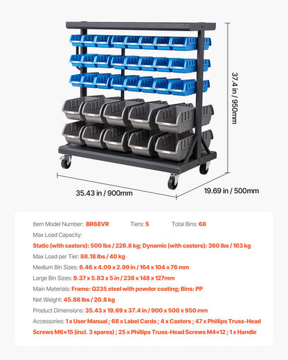 5-Tier Double-Sided Rolling Bin Storage Rack, 68 Plastic Bins, Dual-Sided Parts Organizer with Wheels, Mobile Tool Organizer for Garage, Warehouse, Office, Restaurant, Classroom, Kitchen