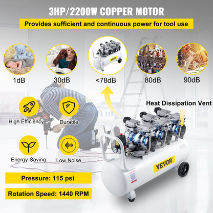 Luftkompressor 22 gallon ultratyst oljefri luftkompressor 80 liters tank Tyst luftkompressor 2,2 kW oljefri kompressor Låg ljudnivå med säker magnetventil