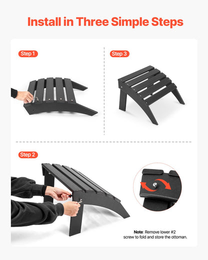 Adirondack Ottoman, 18.7L x 19.7W x 13H Inch HDPE Plastic Folding Adirondack Ottoman, Weather-Resistant Foot Rest for Adirondack Chair, Widely Used for Outside Porch Pool Lawn Backyard, Black