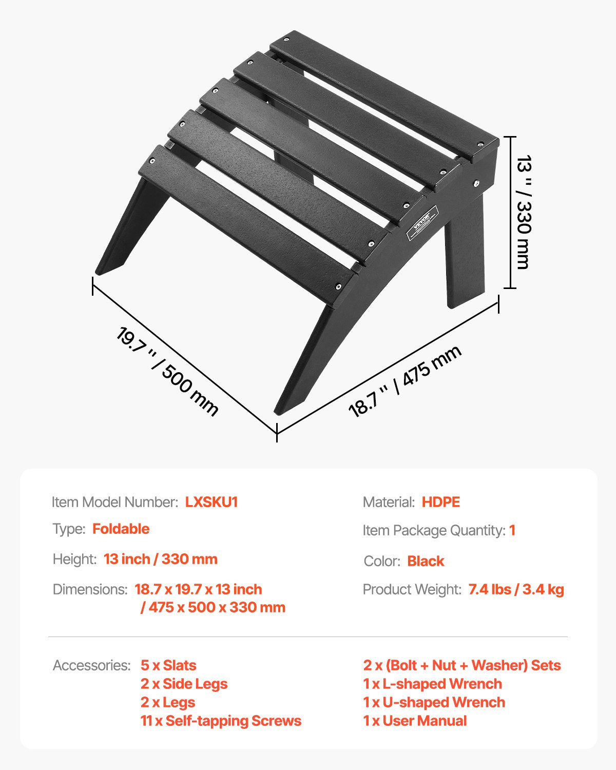 Adirondack Ottoman, 18.7L x 19.7W x 13H Inch HDPE Plastic Folding Adirondack Ottoman, Weather-Resistant Foot Rest for Adirondack Chair, Widely Used for Outside Porch Pool Lawn Backyard, Black