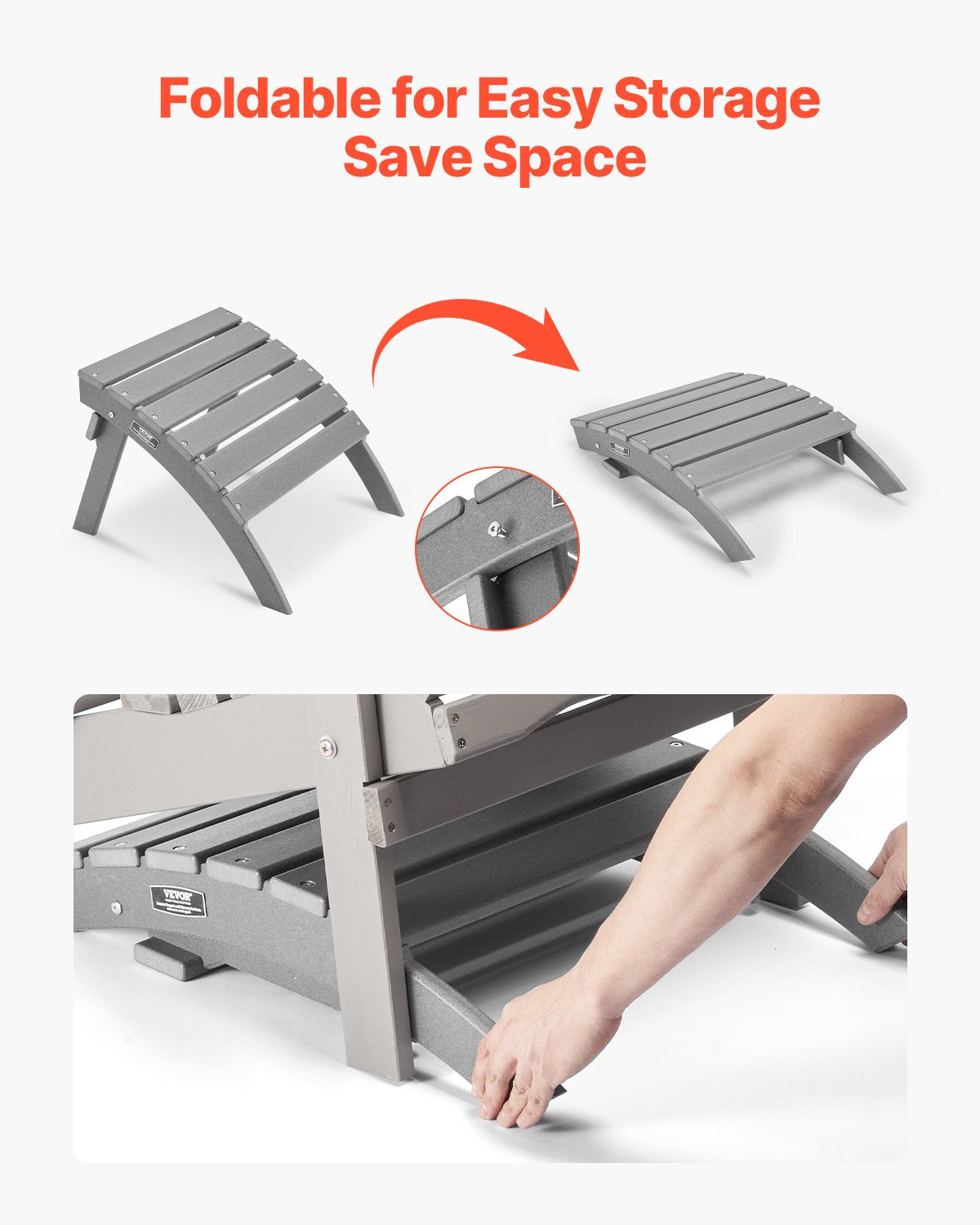 Adirondack fotpall, 21,5 L x 18,9 B x 14,8 H tum hopfällbar Adirondack fotpall i HDPE-plast, väderbeständig fotstöd för Adirondack-stol, används ofta för utomhusveranda, pool, gräsmatta, bakgård, grå