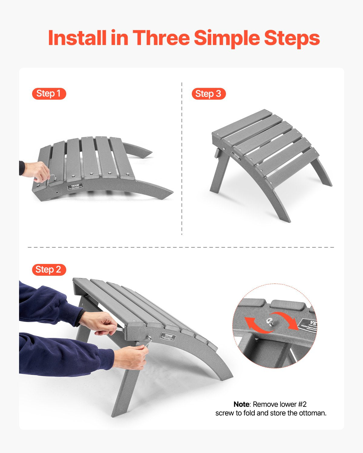 Adirondack fotpall, 21,5 L x 18,9 B x 14,8 H tum hopfällbar Adirondack fotpall i HDPE-plast, väderbeständig fotstöd för Adirondack-stol, används ofta för utomhusveranda, pool, gräsmatta, bakgård, grå