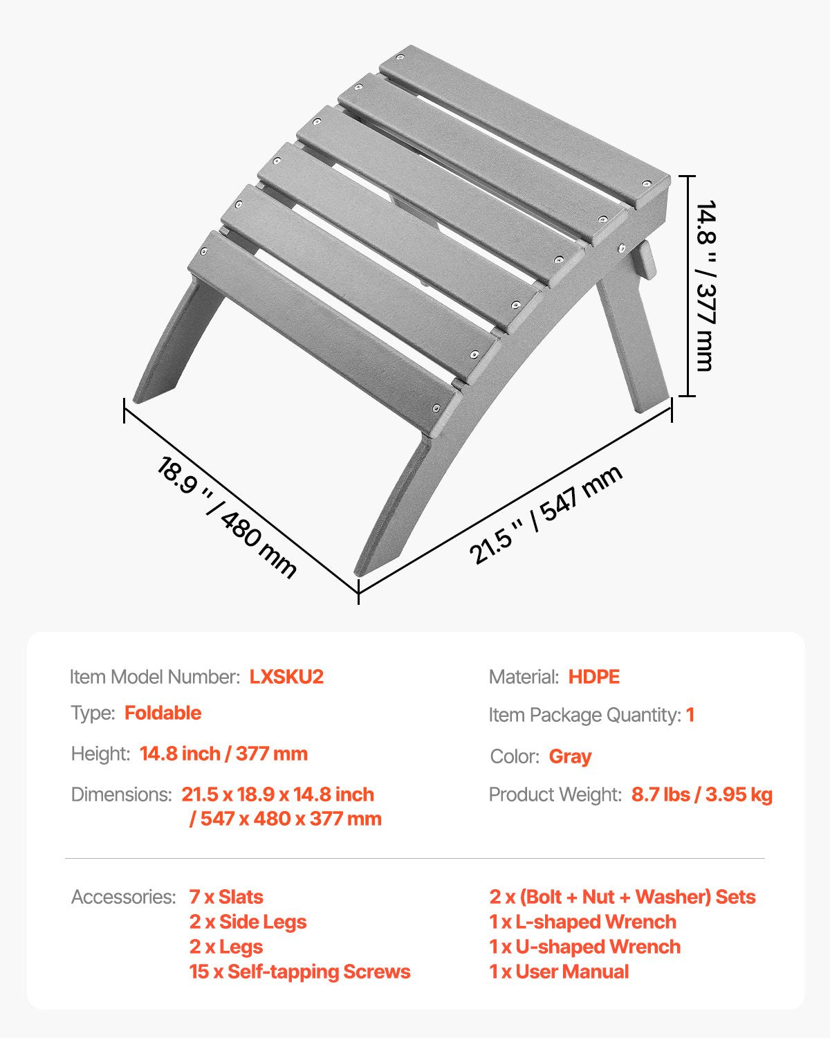 Adirondack fotpall, 21,5 L x 18,9 B x 14,8 H tum hopfällbar Adirondack fotpall i HDPE-plast, väderbeständig fotstöd för Adirondack-stol, används ofta för utomhusveranda, pool, gräsmatta, bakgård, grå