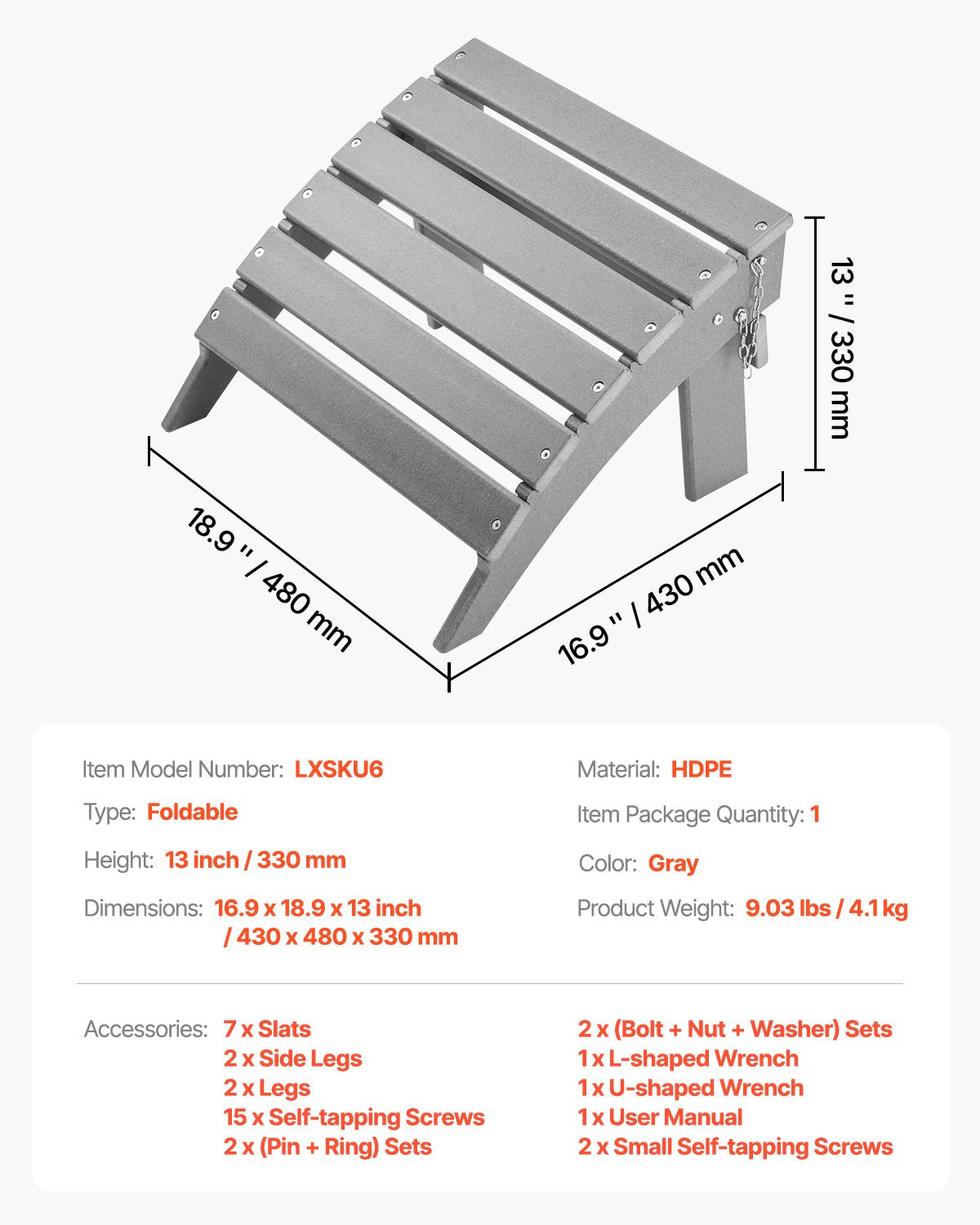 Adirondack Ottoman, 16.9L x 18.9W x 13H Inch HDPE Plastic Folding Adirondack Ottoman, Weather-Resistant Foot Rest for Adirondack Chair, Widely Used for Outside Porch Pool Lawn Backyard, Gray