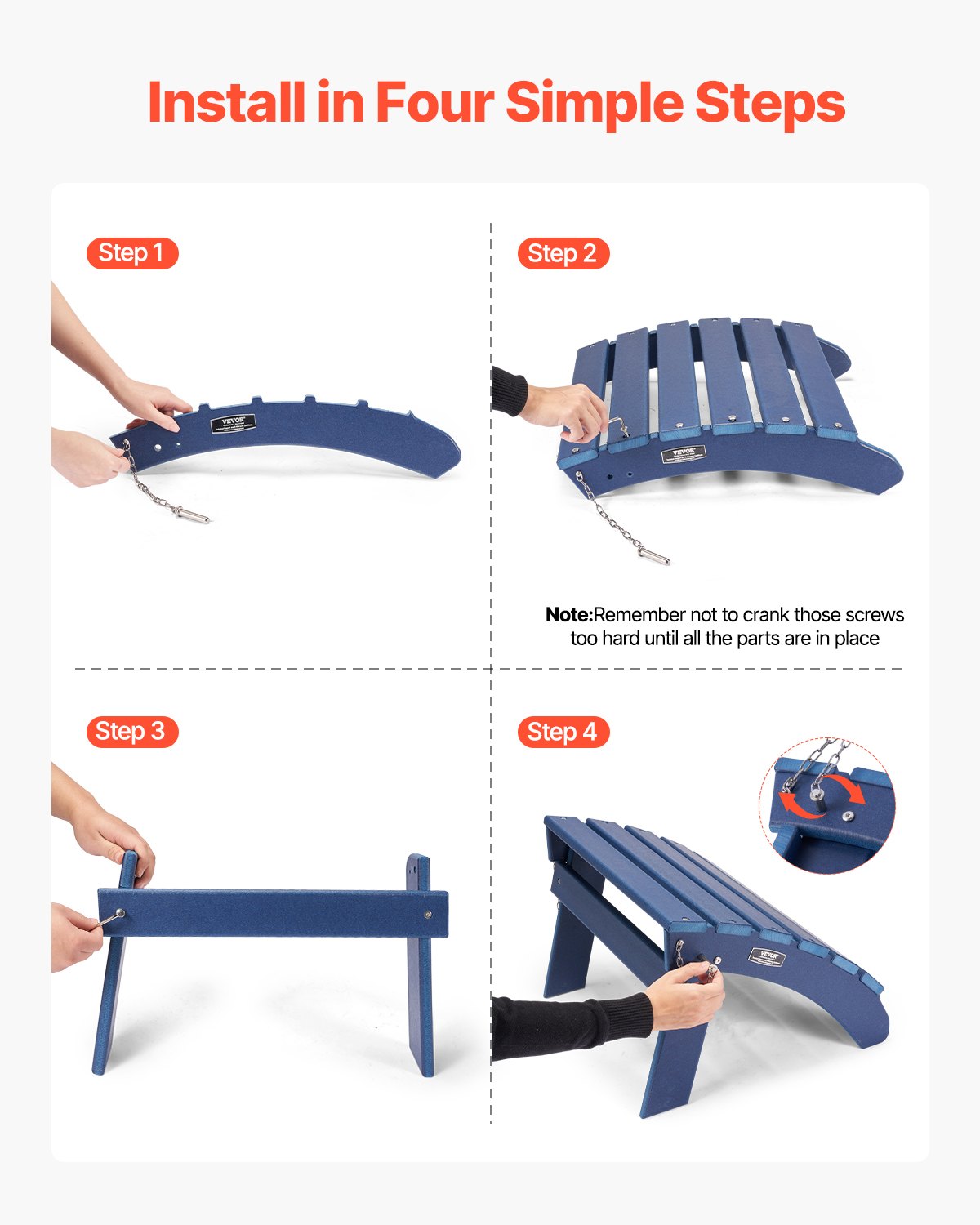 Adirondack fotpall, 46,8 cm (18,7 L x 46,9 B x 33,8 H) hopfällbar Adirondack fotpall i HDPE-plast, väderbeständig fotstöd för Adirondack-stol, används ofta för utomhusbruk, veranda, pool, gräsmatta, bakgård, blå