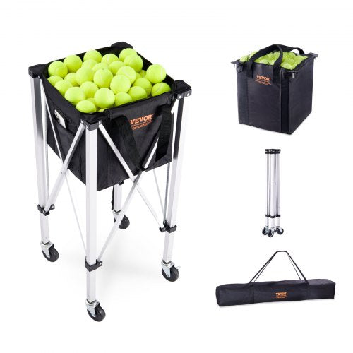 Hopfällbar tennisbollsbehållare, rymmer 150 tennisbollar, lätt tennisbollskorg i aluminiumlegering med hjul, avtagbar väska, bärväska, bärbar sportträningsvagn för tennisspelare