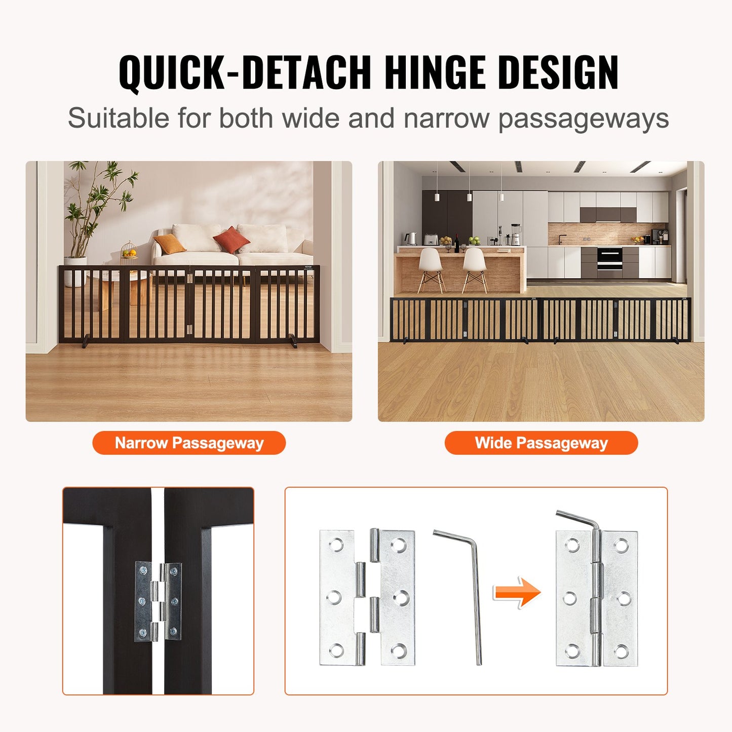 Free Standing Dog Gate, 24" H x 80.3" W Freestanding Pet Gate, 4 Panels Foldable Dog Gate for Wide and Narrow Passageways, Expandable Dog Barrier with Silent Foot Support for Indoor, Brown
