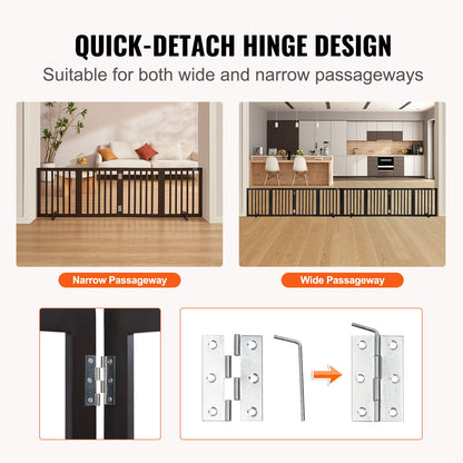 Free Standing Dog Gate, 24" H x 80.3" W Freestanding Pet Gate, 4 Panels Foldable Dog Gate for Wide and Narrow Passageways, Expandable Dog Barrier with Silent Foot Support for Indoor, Brown