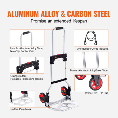 Folding Hand Truck, 176 lbs Load Capacity, Aluminum Portable Cart, Convertible Hand Truck and Dolly with Telescoping Handle and Rubber Wheels, Ultra Lightweight Super Strong for Moving Warehouse