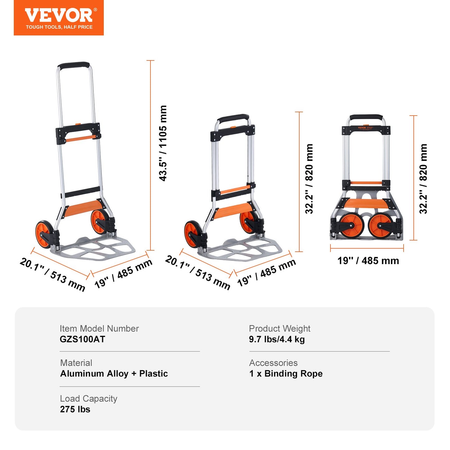 Folding Hand Truck, 124.7 kg Load Capacity, Aluminum Portable Cart, Convertible Hand Truck and Dolly with Telescoping Handle and PP+TPR Wheels, Ultra Lightweight Super Strong for Moving Warehouse