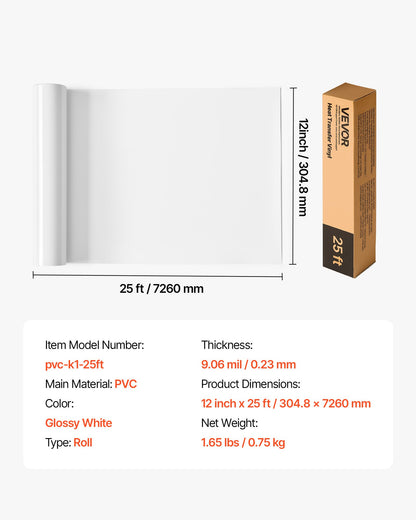 Heat Transfer Vinyl, 304.8 x 7260mm, Glossy White HTV Iron on Vinyl Roll, Easy to Cut and Weed, Strong Adhesion, Compatible with Cutting Machines, for Various Materials, T-shirts, Pillows, Hats
