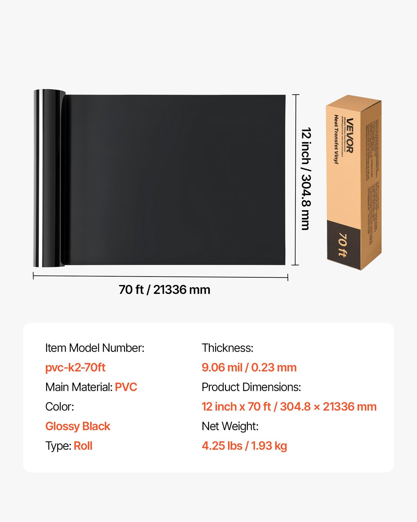 Heat Transfer Vinyl, 304.8 x 21336mm, Glossy Black HTV Iron on Vinyl Roll, Easy to Cut and Weed, Strong Adhesion, Compatible with Cutting Machines, for Various Materials, T-shirts, Pillows, Hats