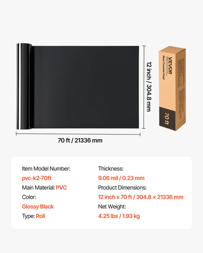 Heat Transfer Vinyl, 304.8 x 21336mm, Glossy Black HTV Iron on Vinyl Roll, Easy to Cut and Weed, Strong Adhesion, Compatible with Cutting Machines, for Various Materials, T-shirts, Pillows, Hats