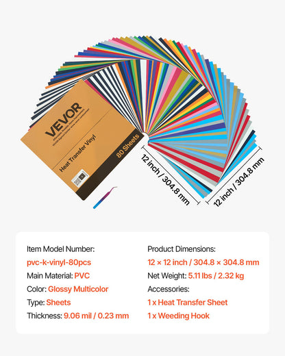 Heat Transfer Vinyl, 80 Pack, 304.8 x 304.8mm, Assorted Colors HTV Iron on Vinyl Bundle, Easy to Cut and Weed, with Accessories, Compatible with Cutting Machines, for Various Materials, T-shirts
