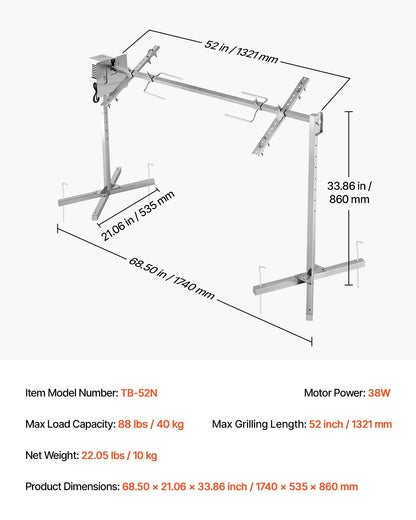 Rotisserie Grill, AC220-240V 8 Level Height Electric Rotisserie Grill Kit, BBQ Grills Rotisseries Kit with 88 lbs Load Capacity, 38W Motor, Stainless Steel Automatic Grilling Kits for Parties