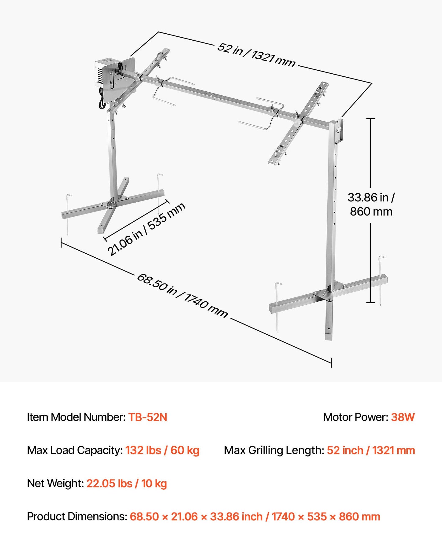 Rotisserie Grill, AC220-240V 8 Level Height Electric Rotisserie Grill Kit, BBQ Grills Rotisseries Kit with 60 kg Load Capacity, 38W Motor, Stainless Steel Automatic Grilling Kits for Parties