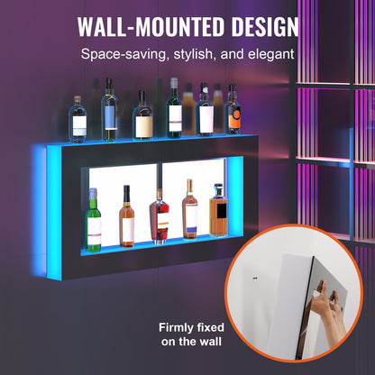 LED Lighted Liquor Bottle Display, Square 48 Inch, Illuminated Home Bar Shelf with RF Remote & App Control 7 Static Colors 1-4 H Timing, Acrylic Wall-Mounted Drinks Lighting Shelf for 24 Bottle