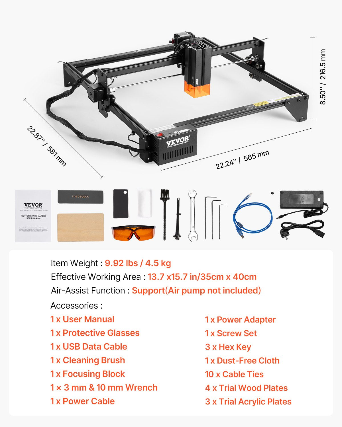 Laser Engraver, 20W Output, Laser Engraving Cutter Machine, 13.7 x 15.7 in/35 x 40 cm Working Area, 10000 mm/min Movement Speed, Compressed Spot with Eye Protection, for Wood, Certain Metal