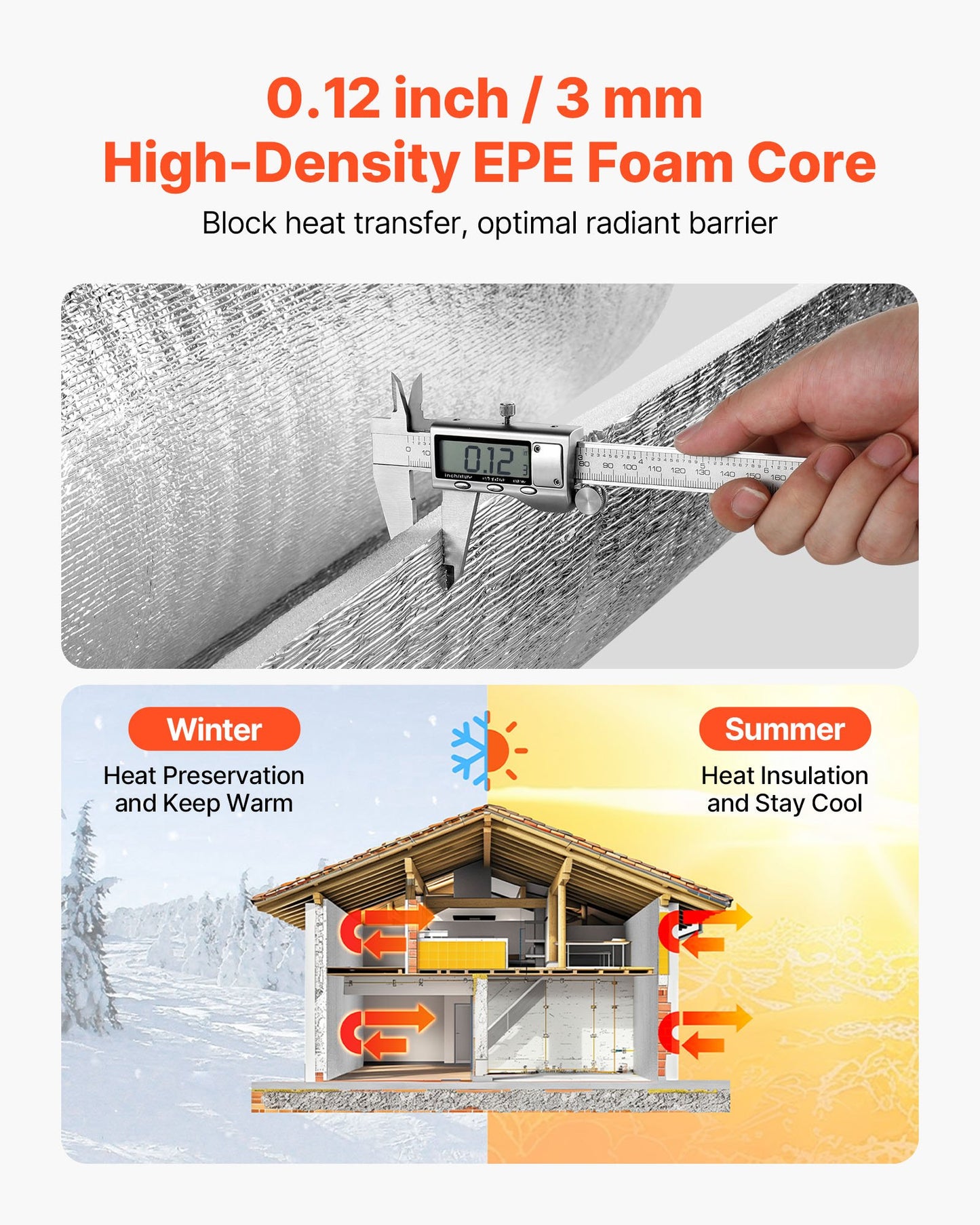 Reflective Insulation Roll, EPE Foam Core Radiant Barrier, 3mm 76.2m x 1.22 m, Aluminum Foil White PE Film Heat Reflective Shield, Thermal Insulation Roll for Garage Door Window RV Roofs