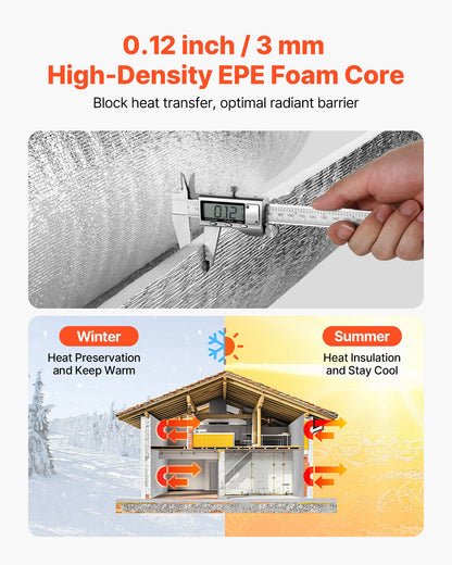 Reflective Insulation Roll, EPE Foam Core Radiant Barrier, 3mm 76.2m x 1.22 m, Aluminum Foil White PE Film Heat Reflective Shield, Thermal Insulation Roll for Garage Door Window RV Roofs