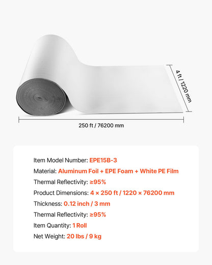 Reflective Insulation Roll, EPE Foam Core Radiant Barrier, 3mm 76.2m x 1.22 m, Aluminum Foil White PE Film Heat Reflective Shield, Thermal Insulation Roll for Garage Door Window RV Roofs