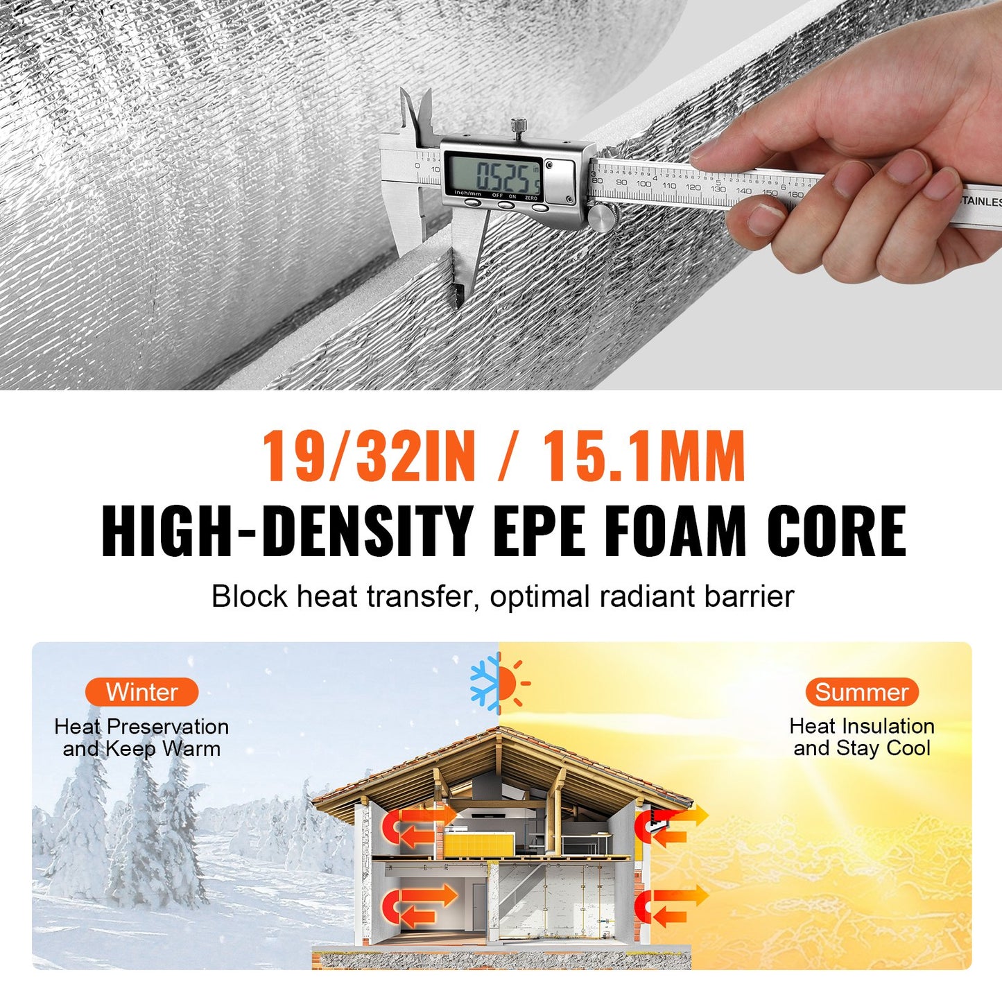 Double Reflective Insulation Roll, Foam Core Radiant Barrier, 15.1mm 48 in x 25 ft, Double-Sided Aluminum Foil EPE Foam Heat Reflective Shield, Thermal Insulation Roll for Window RV Roof