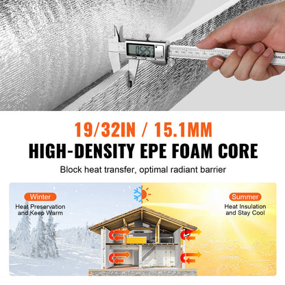 Double Reflective Insulation Roll, Foam Core Radiant Barrier, 15.1mm 48 in x 25 ft, Double-Sided Aluminum Foil EPE Foam Heat Reflective Shield, Thermal Insulation Roll for Window RV Roof