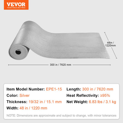 Double Reflective Insulation Roll, Foam Core Radiant Barrier, 15.1mm 48 in x 25 ft, Double-Sided Aluminum Foil EPE Foam Heat Reflective Shield, Thermal Insulation Roll for Window RV Roof