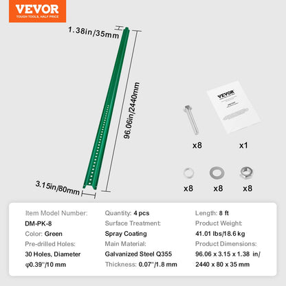 2,4 meter U-kanalskylt, 4-pack grön kraftig stålstolpe med fast konstruktion, stål U-kanalskylt för trädgård, innergård, gård eller trafikkorsning