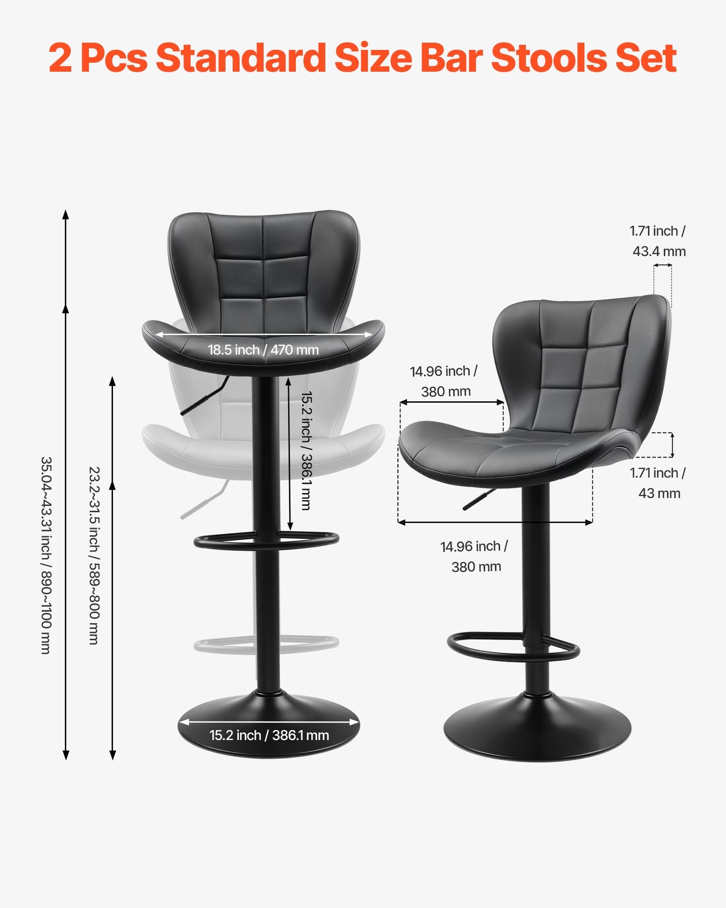 Bar Stool Set of 2, Modern PU Leather Counter Height Stools, Swivel Kitchen Barstool with Back and Footrest, Height Adjustable Armless Bar Chair, Island Barstools for Kitchen, Dining Room, Black