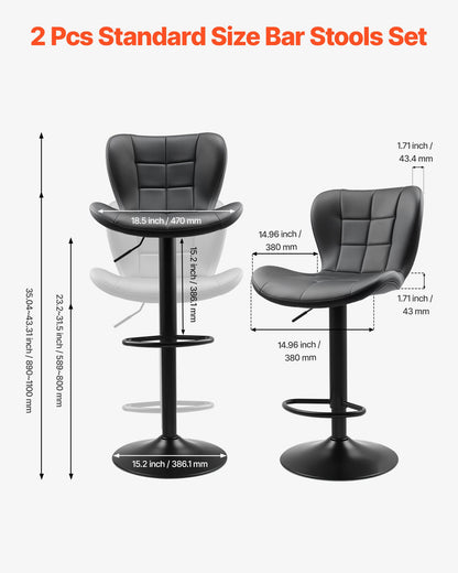 Bar Stool Set of 2, Modern PU Leather Counter Height Stools, Swivel Kitchen Barstool with Back and Footrest, Height Adjustable Armless Bar Chair, Island Barstools for Kitchen, Dining Room, Black