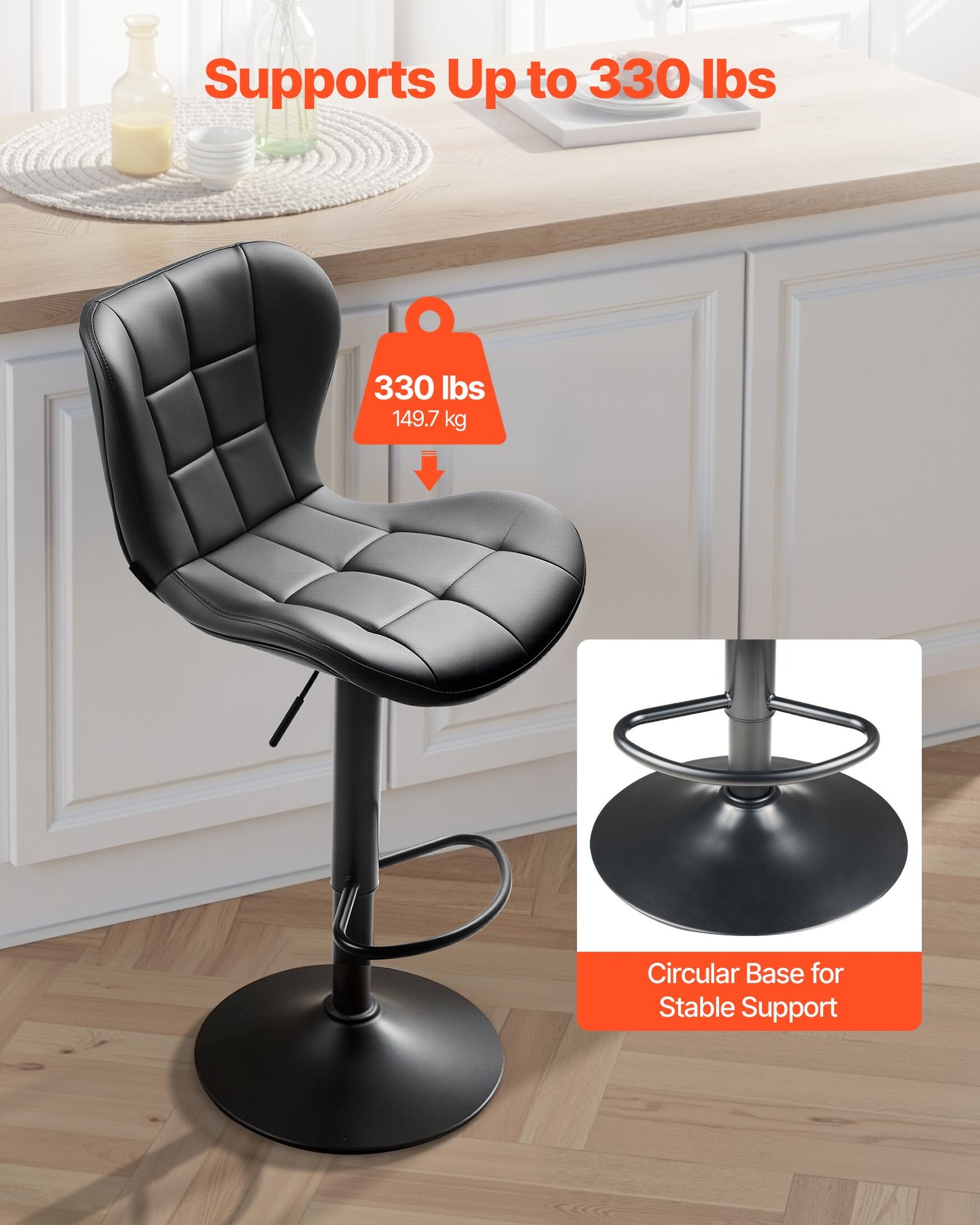 Bar Stool Set of 4, Modern PU Leather Counter Height Stools, Swivel Kitchen Barstool with Back and Footrest, Height Adjustable Armless Bar Chair, Island Barstools for Kitchen, Dining Room, Black