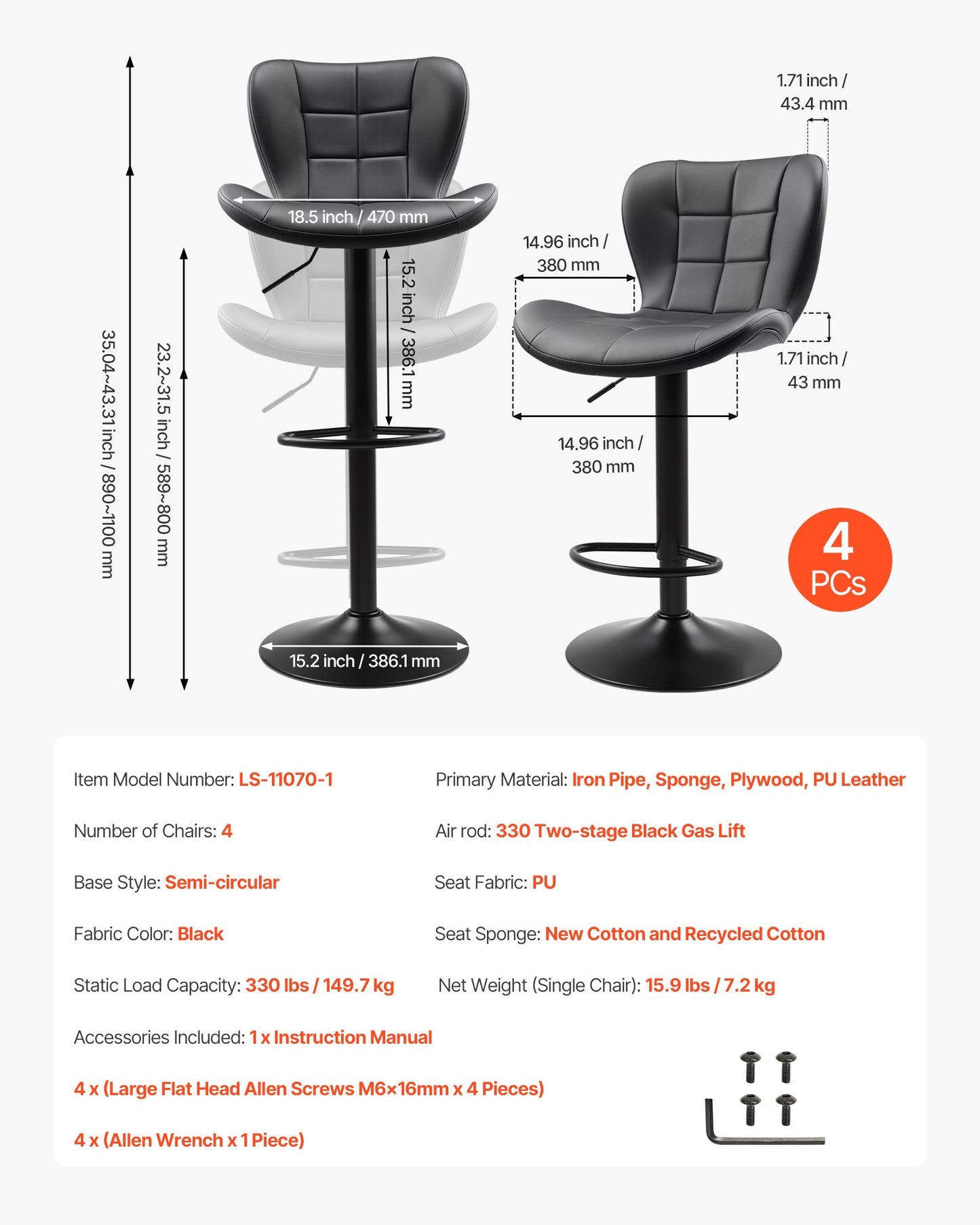 Bar Stool Set of 4, Modern PU Leather Counter Height Stools, Swivel Kitchen Barstool with Back and Footrest, Height Adjustable Armless Bar Chair, Island Barstools for Kitchen, Dining Room, Black