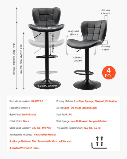 Bar Stool Set of 4, Modern PU Leather Counter Height Stools, Swivel Kitchen Barstool with Back and Footrest, Height Adjustable Armless Bar Chair, Island Barstools for Kitchen, Dining Room, Black