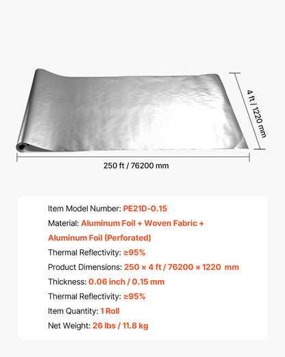 Double Reflective Insulation Roll, Perforated Woven Fabric Radiant Barrier, 0.15mm 76.2m x 1.22m, Double-Sided Aluminum Foil Heat Reflective Shield, Thermal Insulation Roll for Window RV Roof