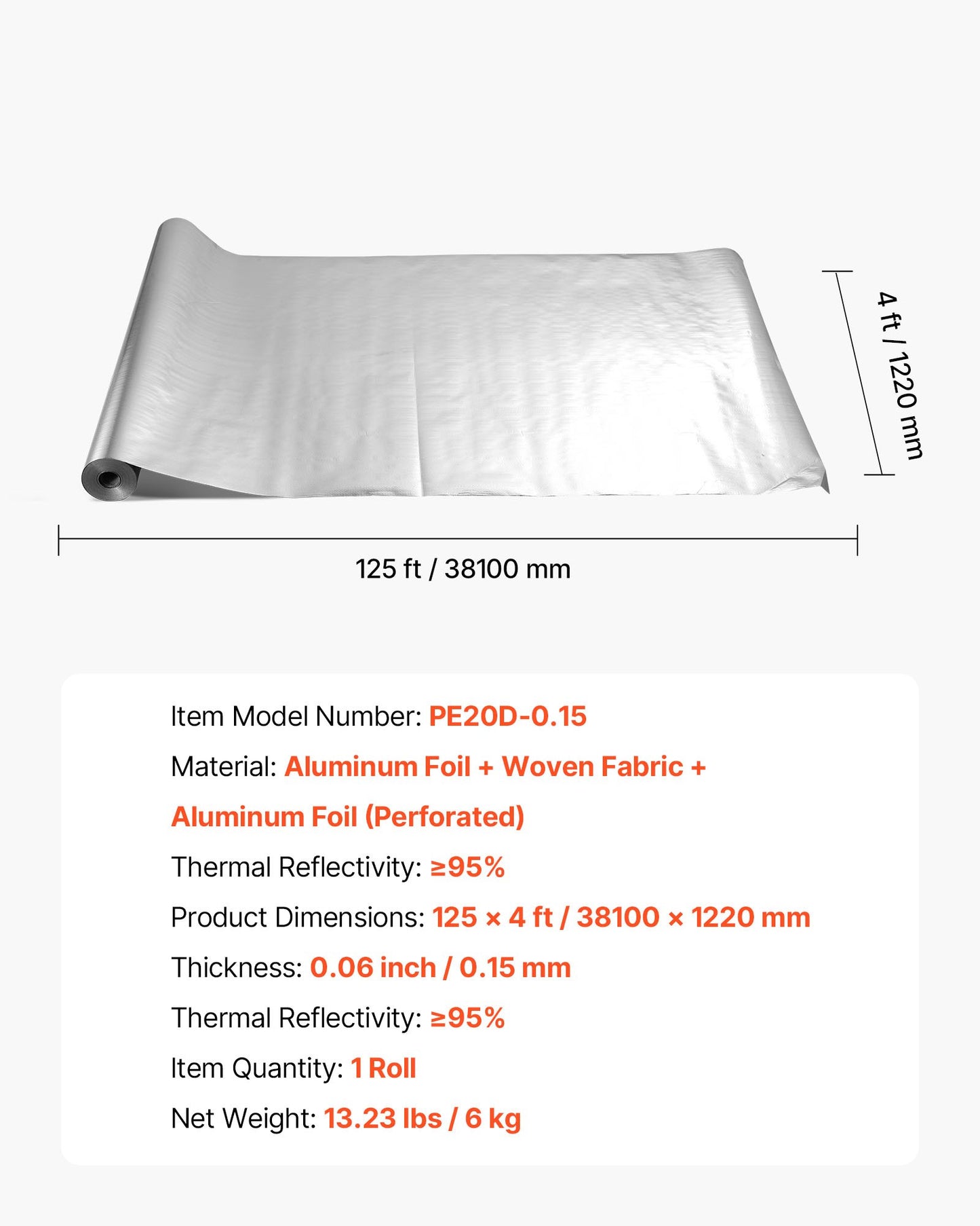 Double Reflective Insulation Roll, Perforated Woven Fabric Radiant Barrier, 0.15mm 38.1 m x 1.22 m, Double-Sided Aluminum Foil Heat Reflective Shield, Thermal Insulation Roll for Window RV Roof