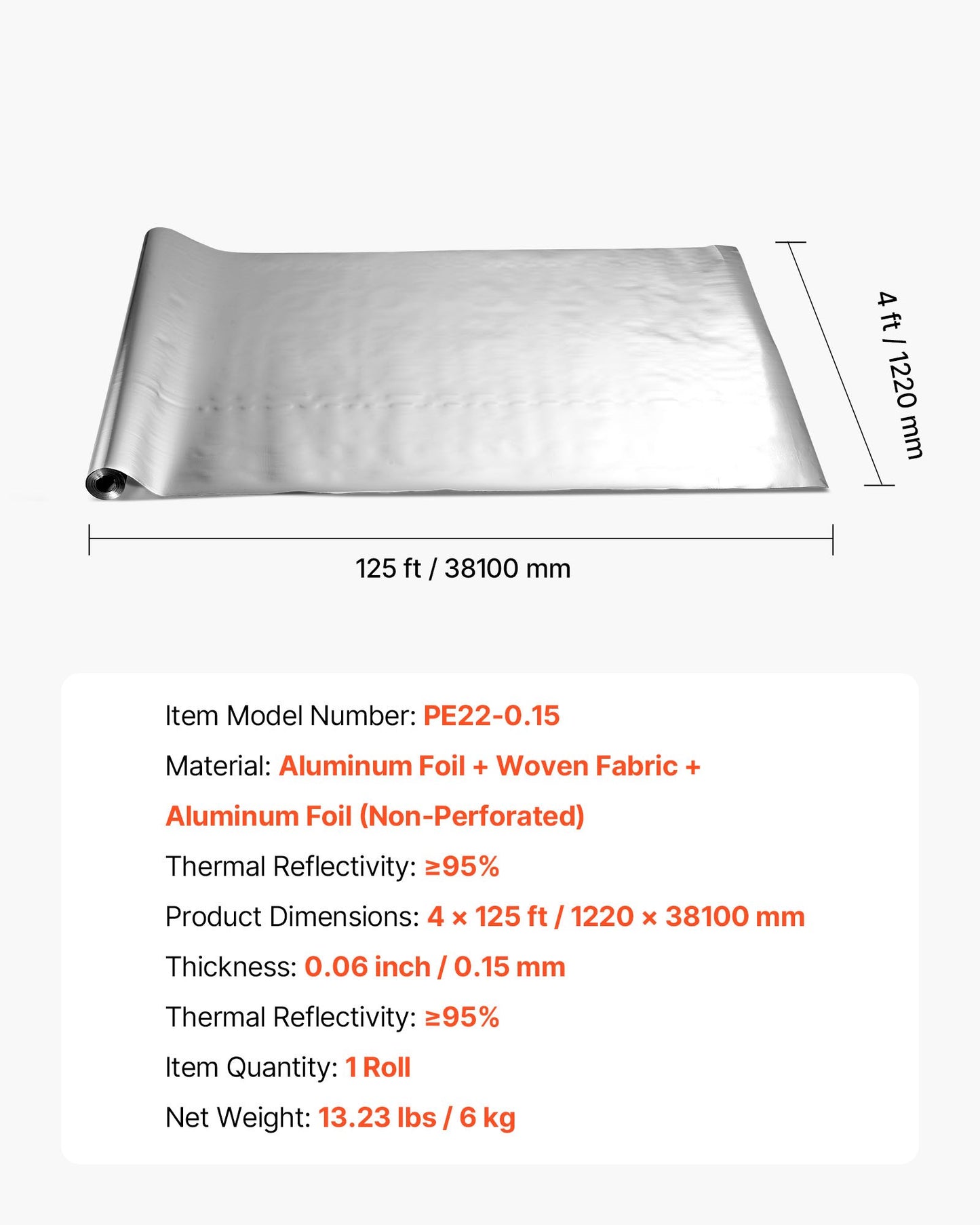 Double Reflective Insulation Roll, Non-Perforated Woven Fabric Radiant Barrier, 0.15mm 38.1m x 1.22m, Double-Sided Aluminum Foil Heat Reflective Shield, Thermal Insulation Roll for Window Roof