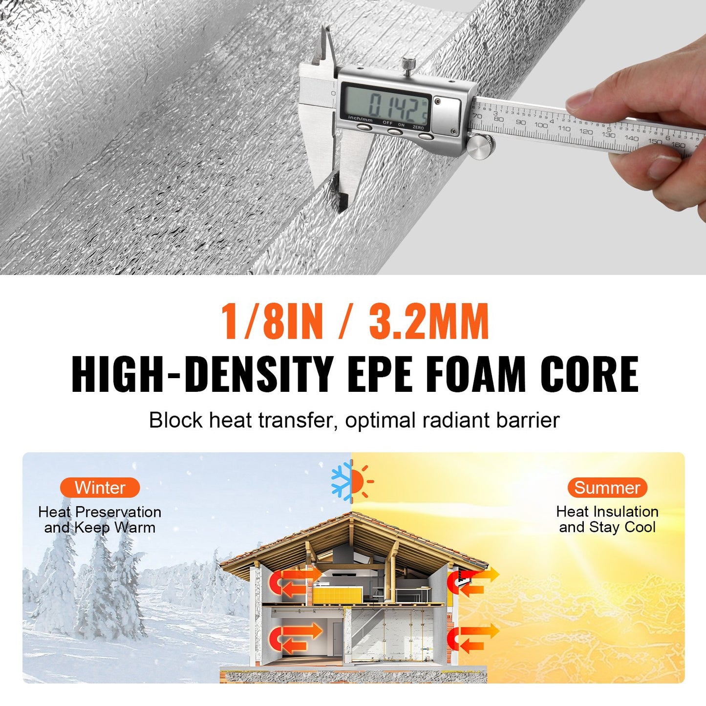 Double Reflective Insulation Roll, Foam Core Radiant Barrier, 3.2 mm 48 in x 100 ft, Double-Sided Aluminum Foil EPE Foam Heat Reflective Shield, Thermal Insulation Roll for Window RV Roof