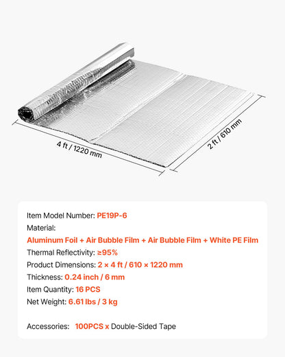 Double Reflective Insulation Sheet, 16PCS Double-Sided Aluminum Foil Radiant Barrier, 6mm 1.22 m x 0.61 m, Dual-Layer Air Bubble Heat Reflective Shield, Thermal Insulation Rolls