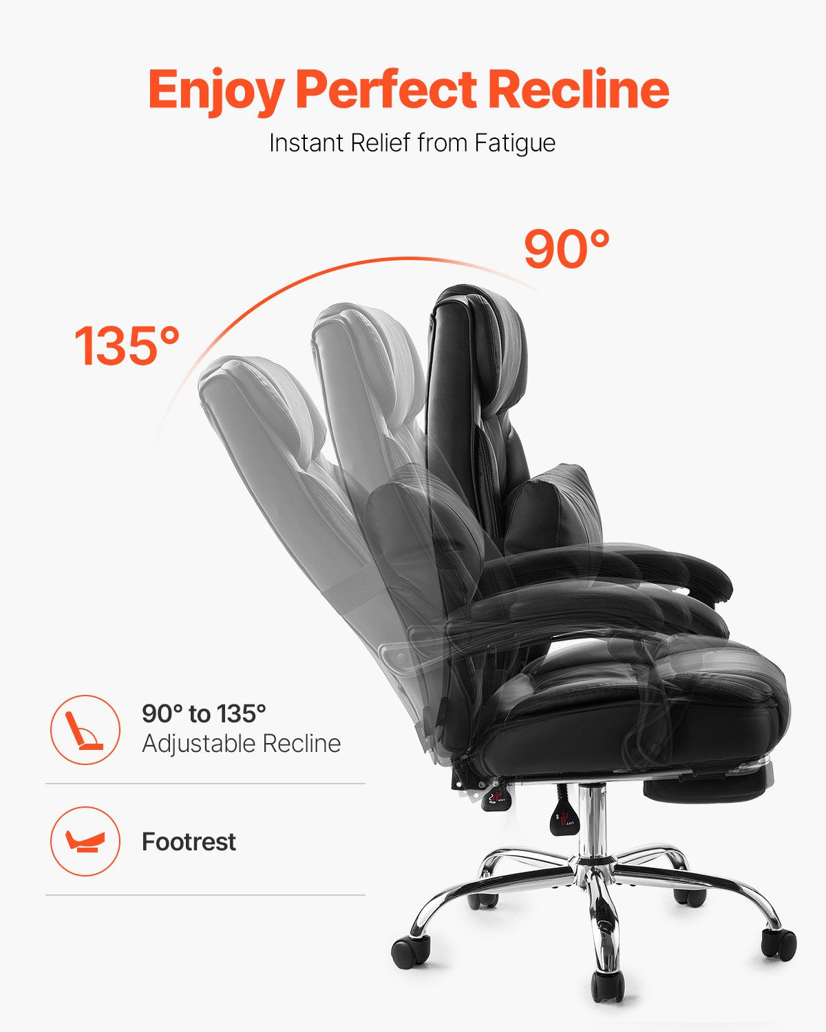 Executive Chair, High Back Office Chair with Footrest and Lumbar Pillow, Ergonomic Desk Chair 135° Recline & Adjustable Height, PU Leather Swivel Rolling Chair for Work, Study, Game, Black