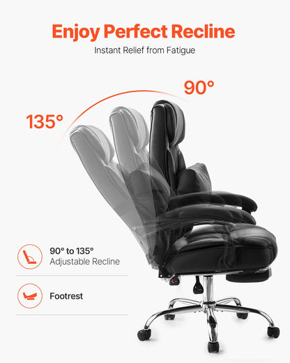 Executive Chair, High Back Office Chair with Footrest and Lumbar Pillow, Ergonomic Desk Chair 135° Recline & Adjustable Height, PU Leather Swivel Rolling Chair for Work, Study, Game, Black