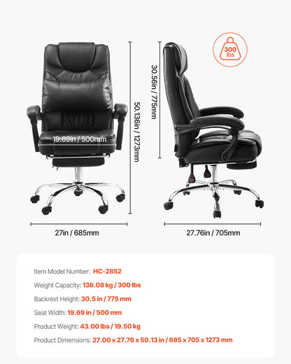 Executive Chair, High Back Office Chair with Footrest and Lumbar Pillow, Ergonomic Desk Chair 135° Recline & Adjustable Height, PU Leather Swivel Rolling Chair for Work, Study, Game, Black