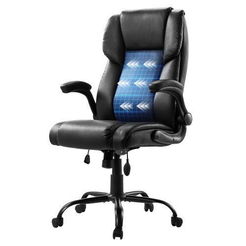Executive Chair, High Back Office Chair with Flip-up Armrests & Lumbar Support, Ergonomic Desk Chair Adjustable Tilt & Height, PU Leather Swivel Rolling Chair for Working, Study, Gaming, Black