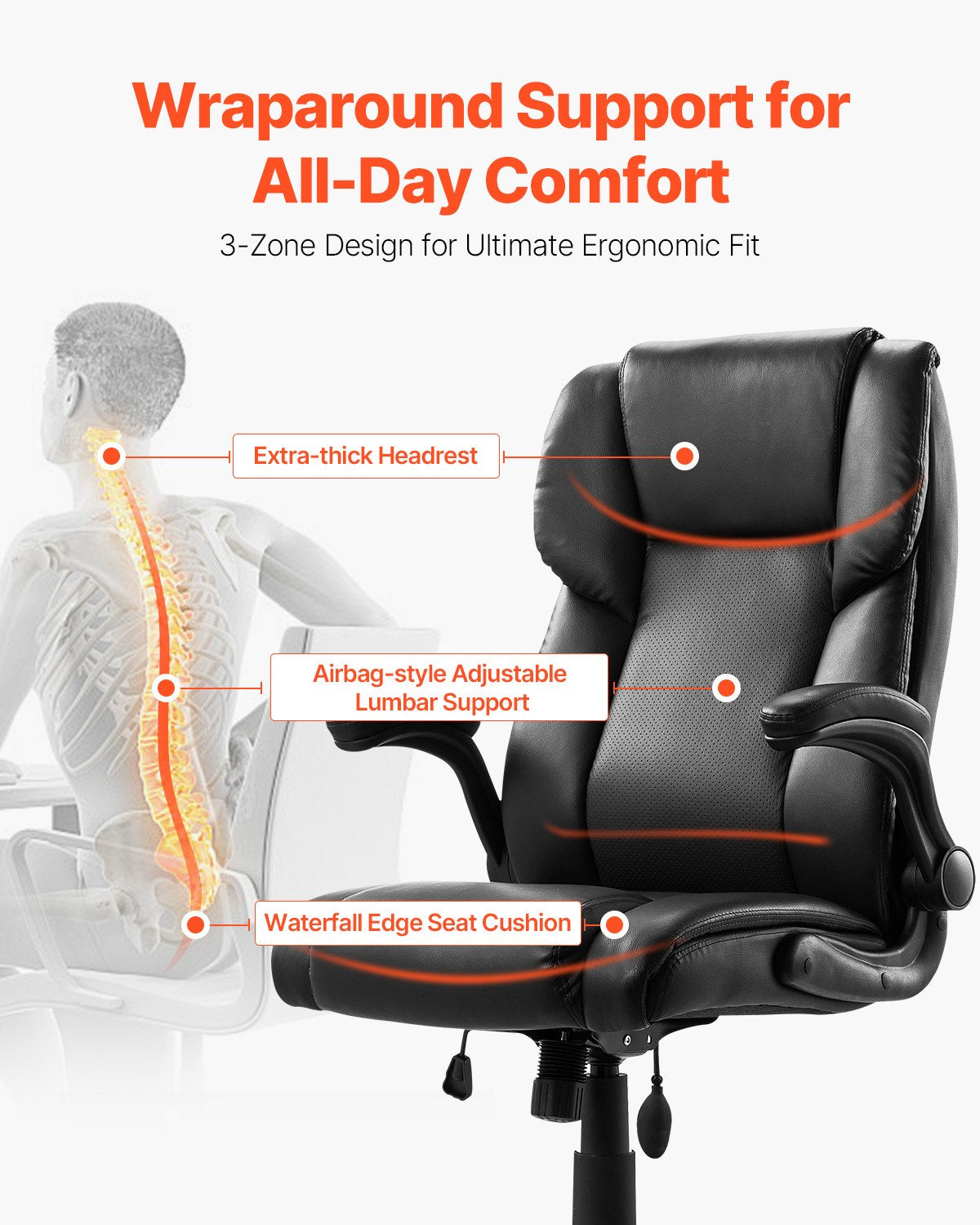 Executive Chair, High Back Office Chair with Flip-up Armrests & Lumbar Support, Ergonomic Desk Chair Adjustable Tilt & Height, PU Leather Swivel Rolling Chair for Working, Study, Gaming, Black